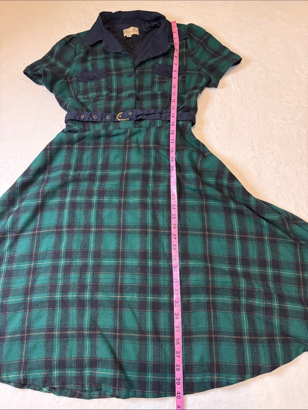 Lindy Bop Pin Up Green and Black Plaid Midi Dress Vintage Style with Belt - Picture 6 of 6